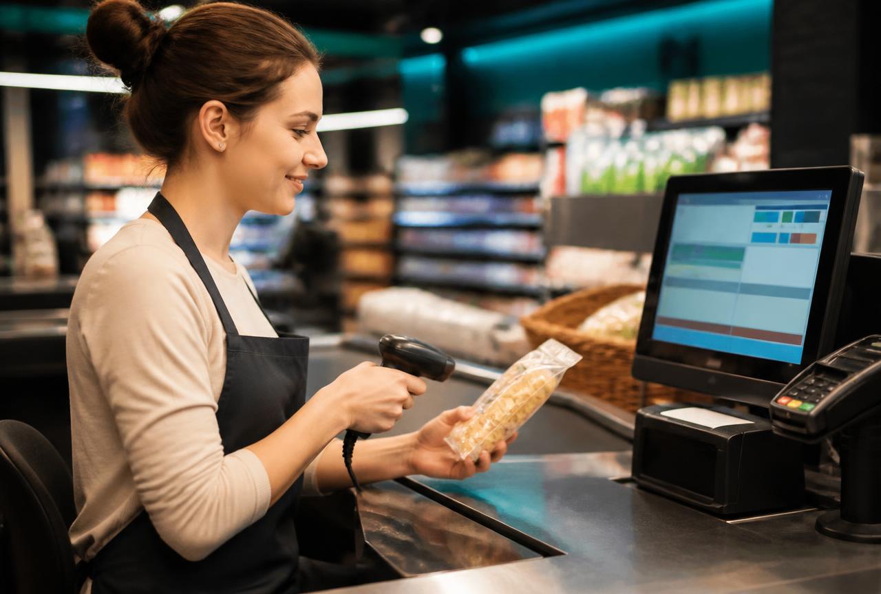 Caissier scannant un code-barres au comptoir
