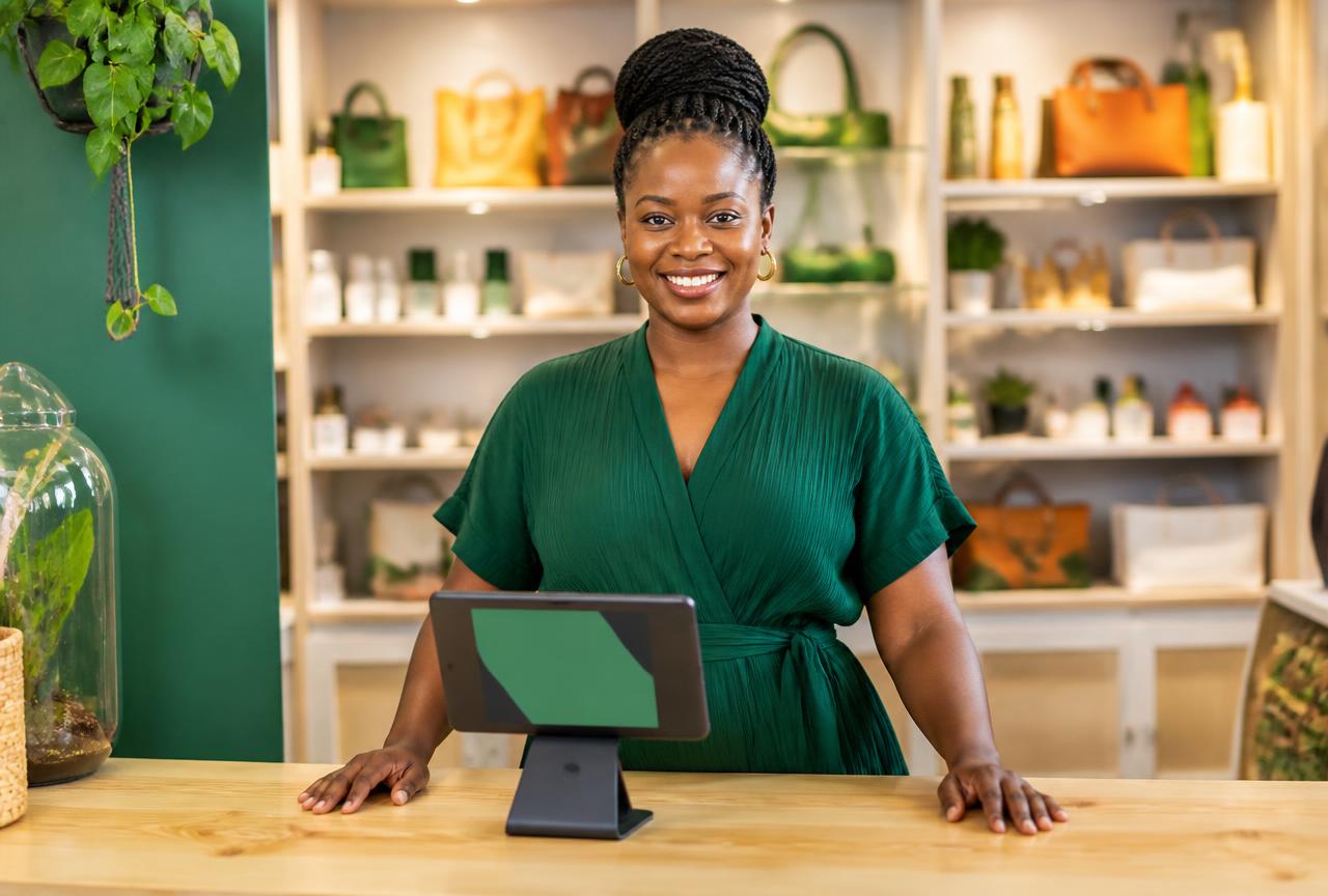 Commerçante souriante utilisant une tablette dans sa boutique